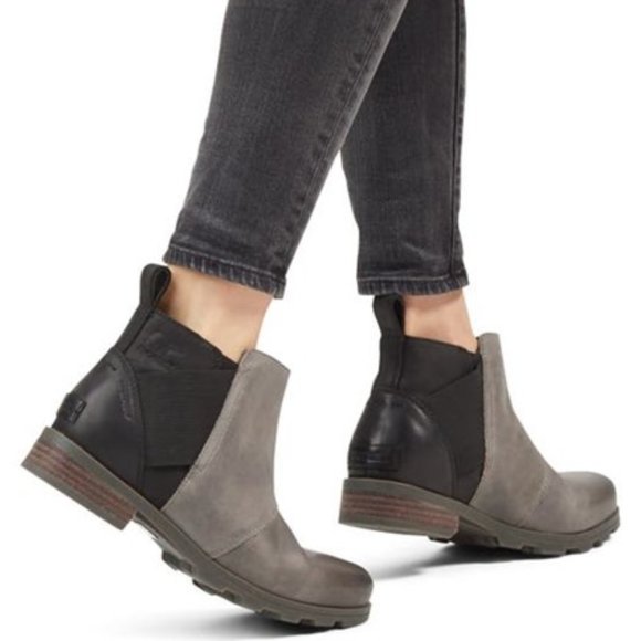 Sorel Emelie Chelsea Boots Leather Booties Waterproof Quarry Black Size 6 NEW - Picture 1 of 8